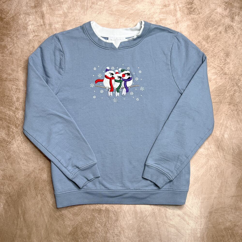 Vintage 90s Breckenridge Embroidered Winter Chickadee Holiday Sweatshirt Blue